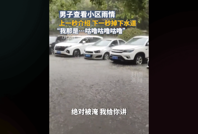 男子查看水情掉进下水道