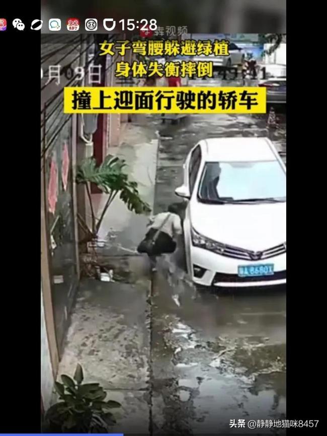 女子弯腰身体失衡撞上车 司机：她自己撞到的