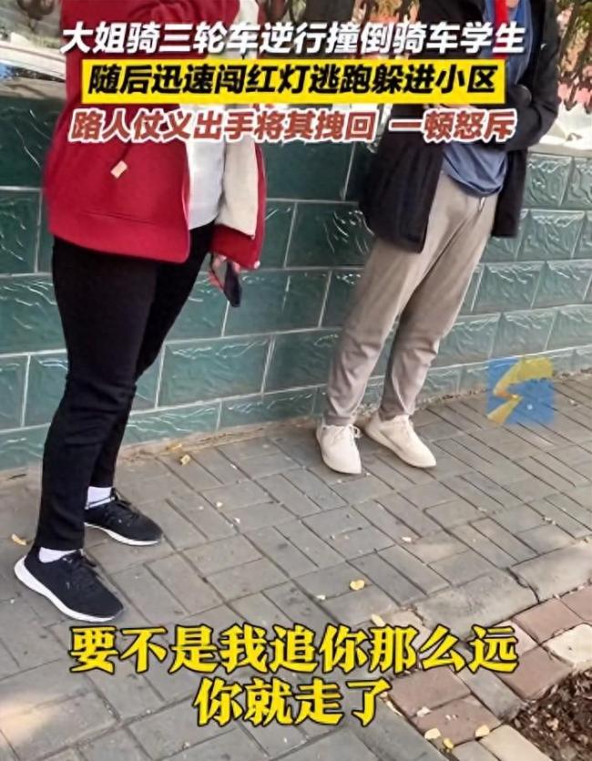大姐逆行撞伤孩子后闯红灯逃逸 路人骑电动车追十几分钟将其拽回