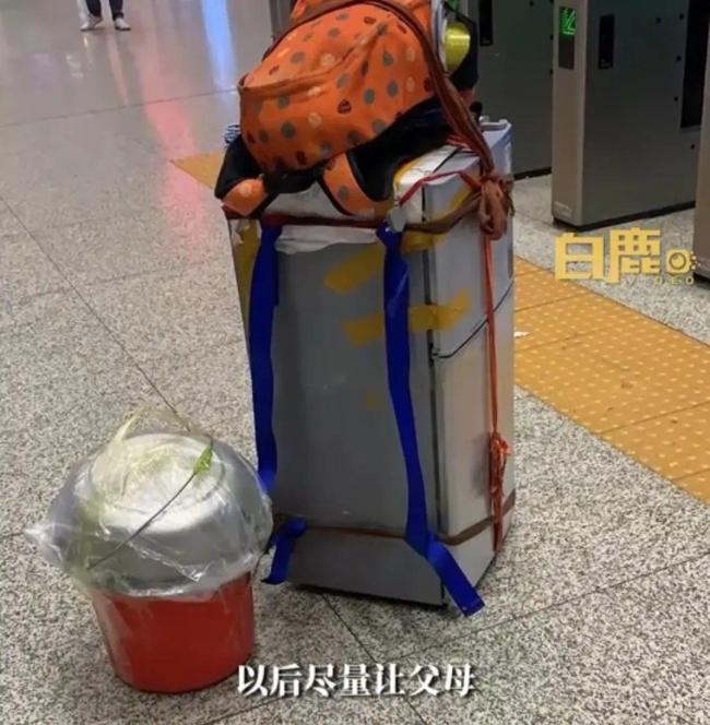 妈妈为省钱背冰箱坐20小时火车回家 儿子：心疼又愧疚