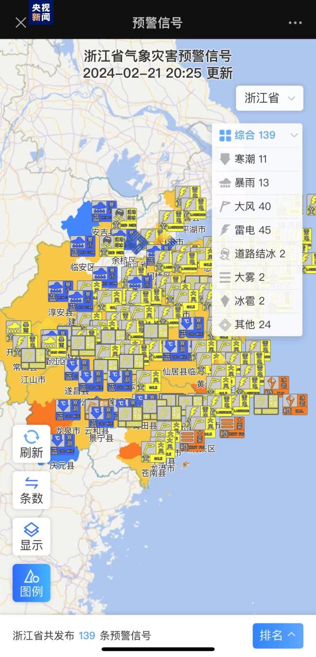浙江受寒流影响 一天内发布139条天气预警信号