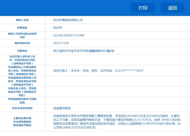 杭州一服饰公司逃税被罚缴3.6亿 总经理已被限制高消费