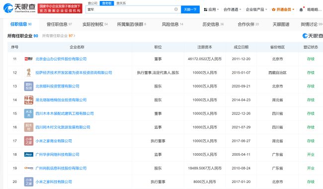 盘点雷军资本版图 雷军关联企业达90家