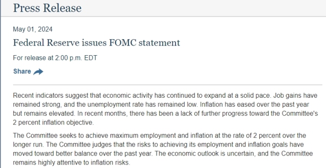 美联储5月决议：缩表计划出现重大调整 警告通胀缺乏进展 ——市场预期转向单一降息