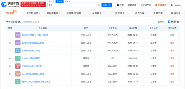 盘点大冰商业版图 大冰名下仅1家企业存续