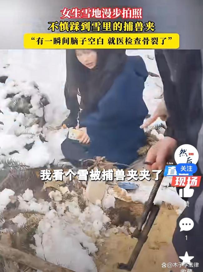 女生雪地漫步拍照踩到捕獸夾