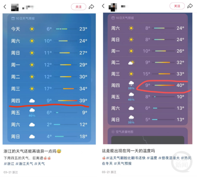 气象部门辟谣浙江日温差将达30℃ 手机预报误差引热议