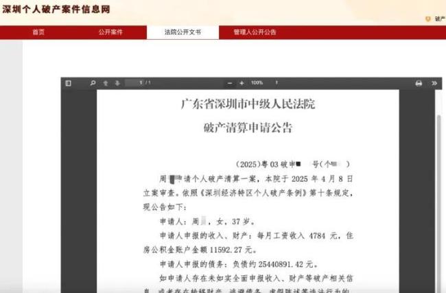 女子月薪4700元負(fù)債2544萬元 個(gè)人破產(chǎn)申請(qǐng)審查中