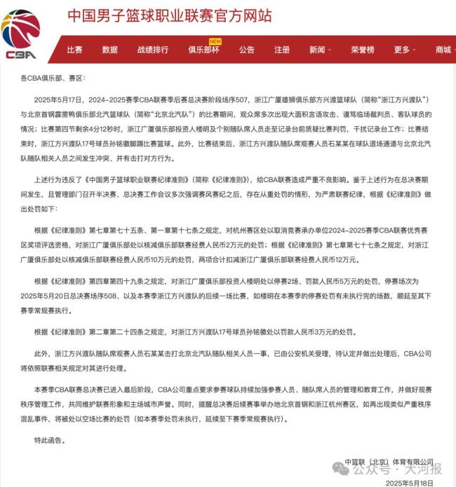 公安機關(guān)介入CBA打人事件 沖突雙方受罰