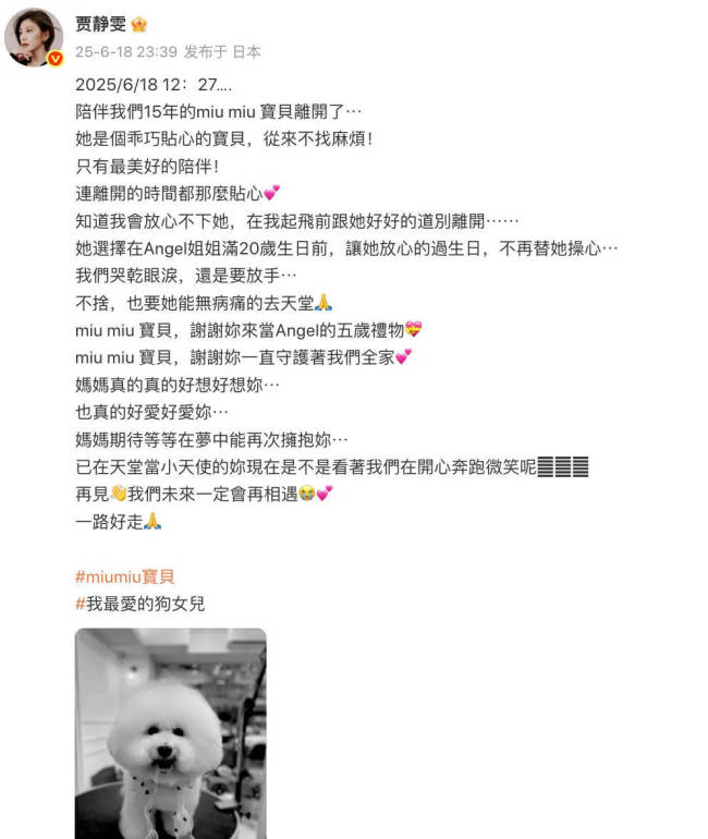贾静雯为大女儿庆生 步入20岁新篇章