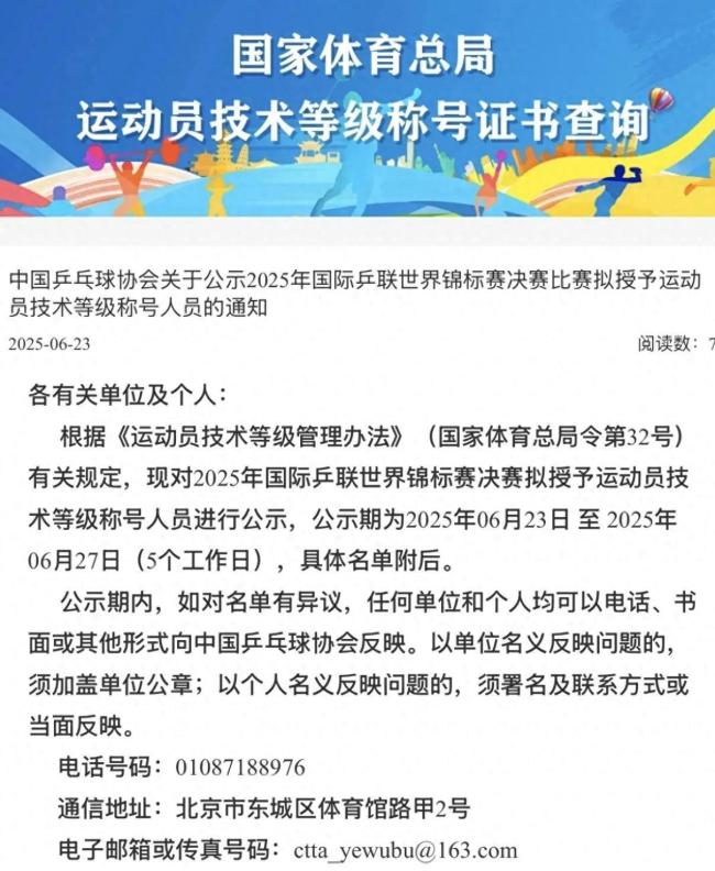 孙颖莎王楚钦拟授予国际级运动健将