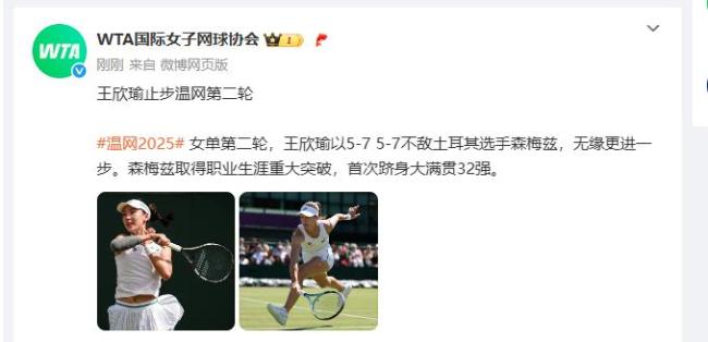 王欣瑜0比2森梅兹 无缘温网32强