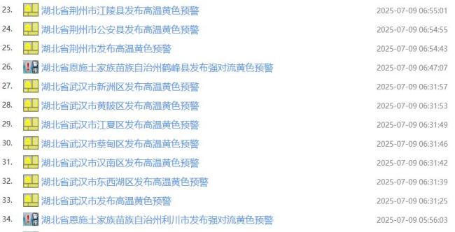 武漢發(fā)布高溫黃色預警 多城同步預警
