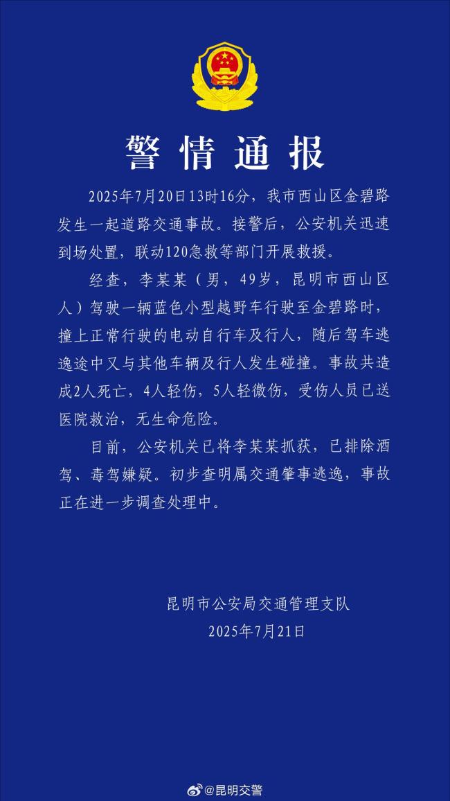 昆明致2死9伤事故司机被抓获 肇事逃逸已被控制