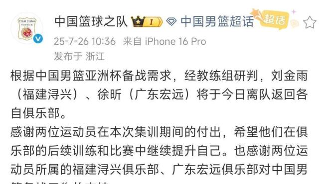 中国男篮官宣裁掉2人：徐昕刘金雨离队 暂时还剩15人+仅两内线