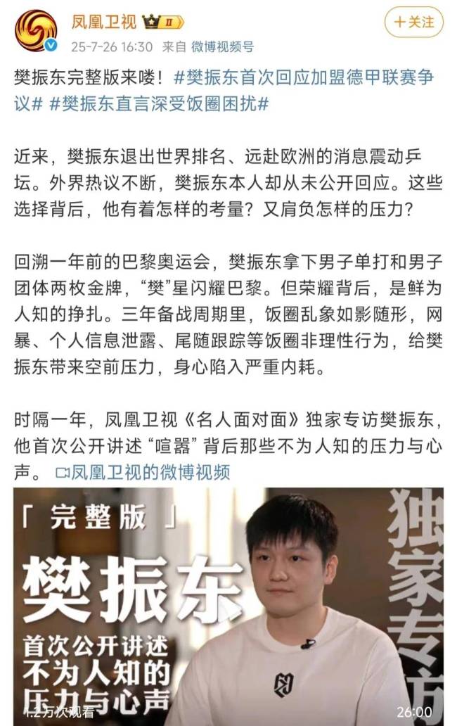 樊振东说现阶段无法承受各方面压力