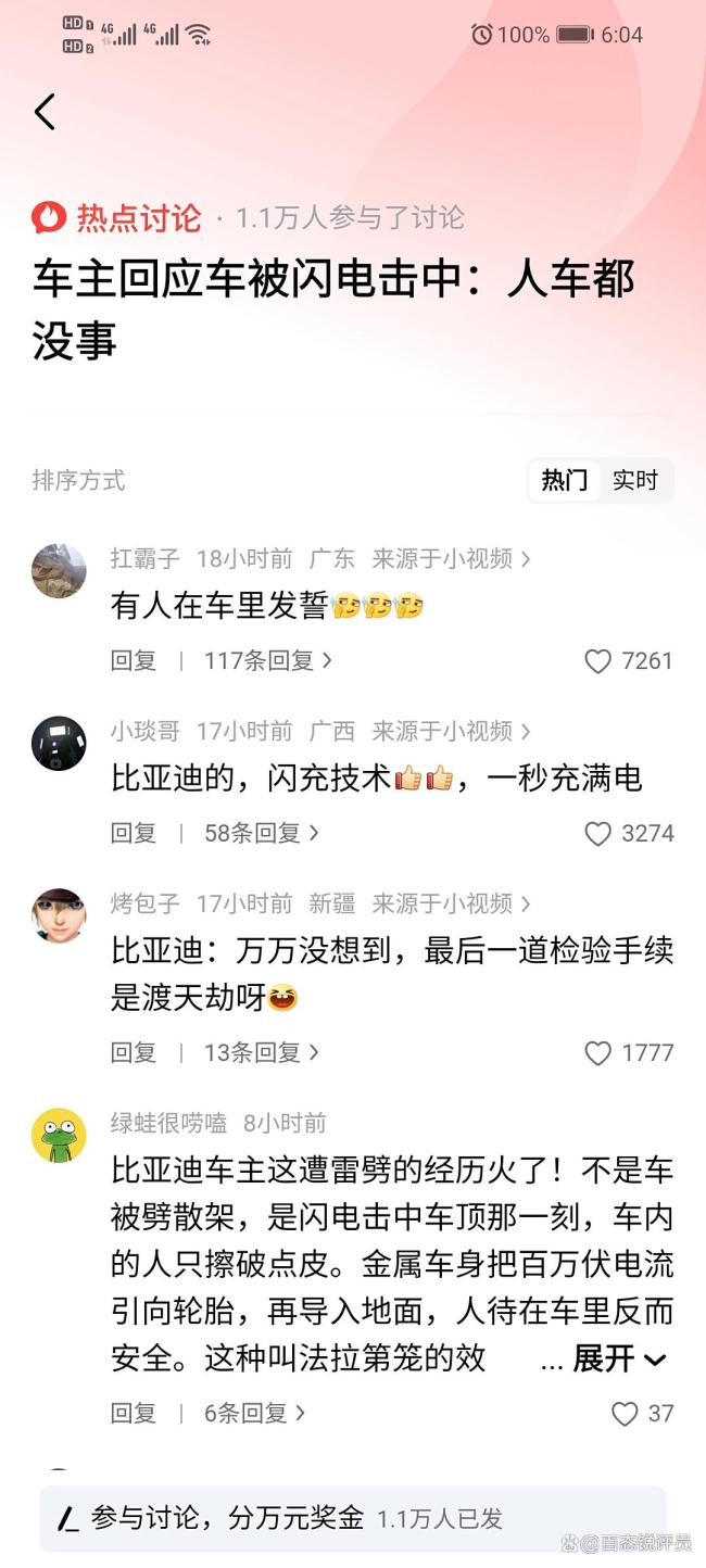 车主回应车被闪电击中:人车没事 淡定面对惊险一刻