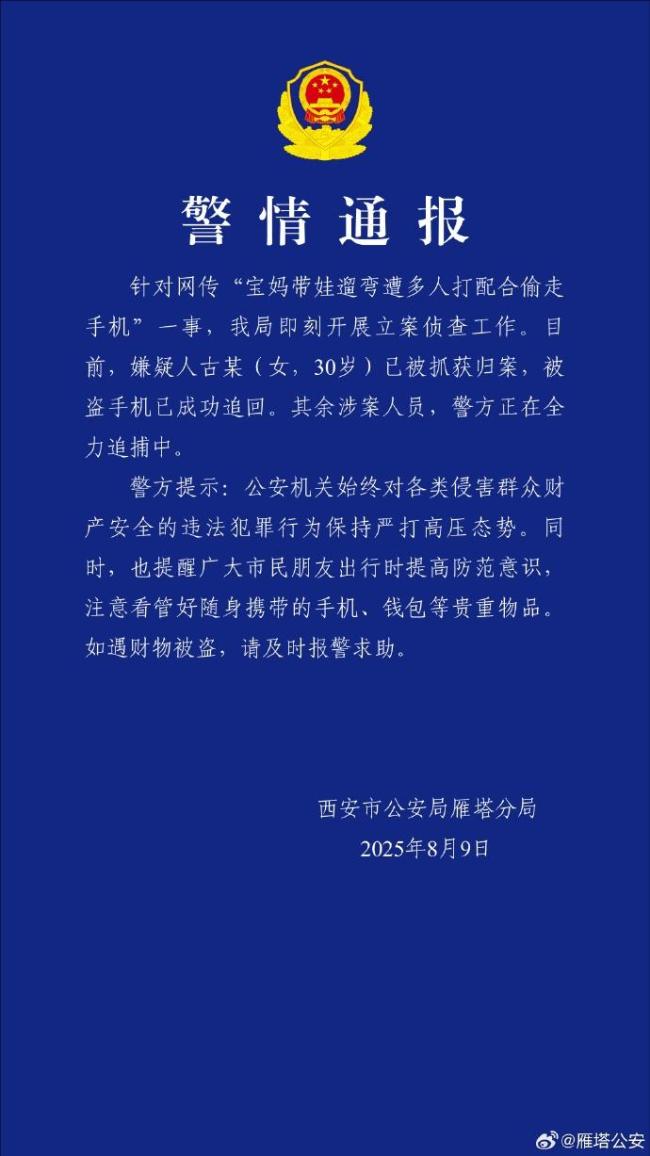 多人配合偷走宝妈手机 一嫌疑人被抓 被盗手机已追回
