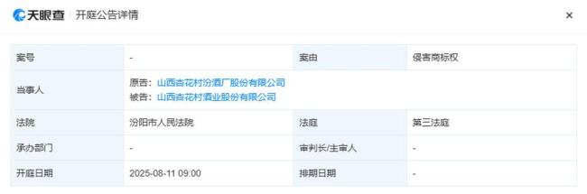山西汾酒起诉山西杏花村酒业 商标侵权案开庭
