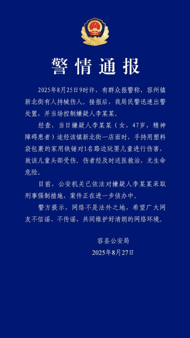 女子当街锤击儿童：系精神障碍患者
