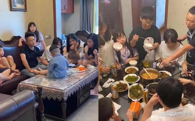 舅舅挑扁担买菜给13个外甥做饭