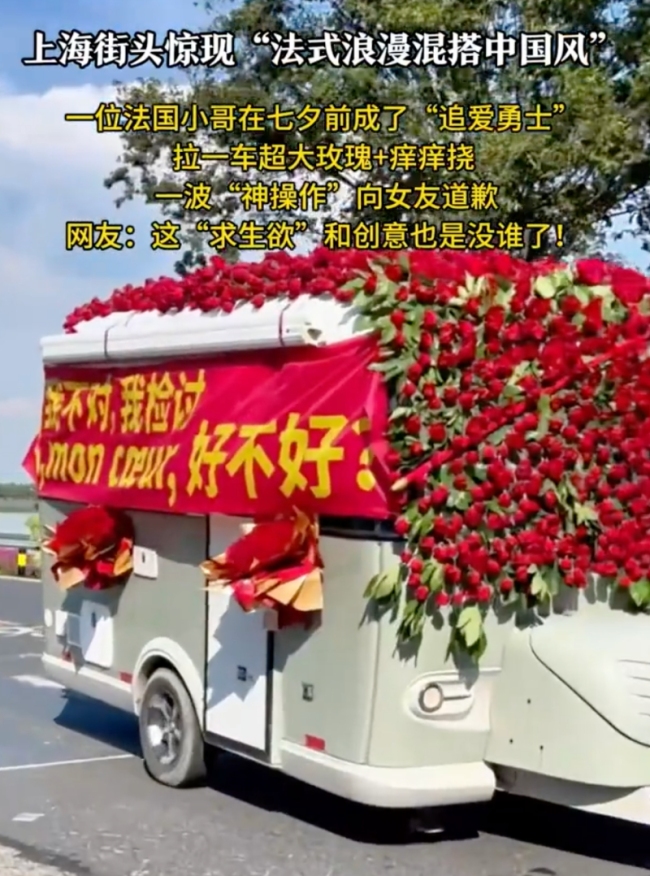 法国男子拖巨型玫瑰花车向女生道歉
