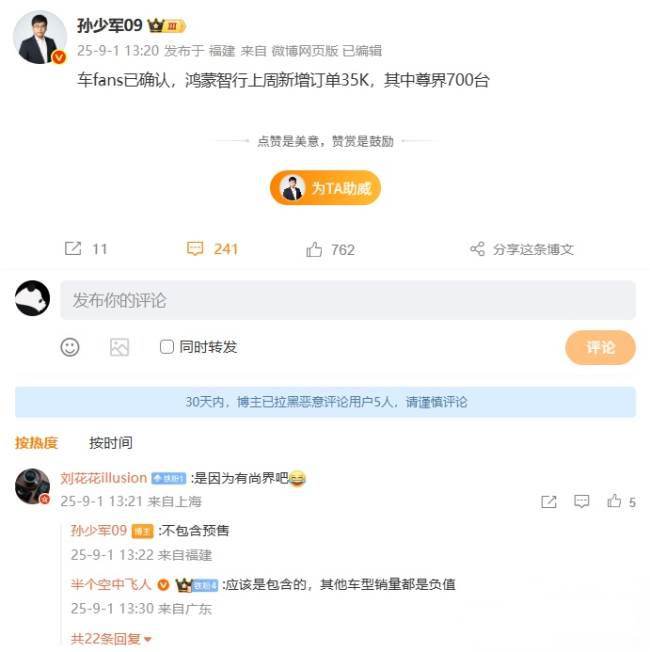 曝鸿蒙智行上周新增订单3.5万