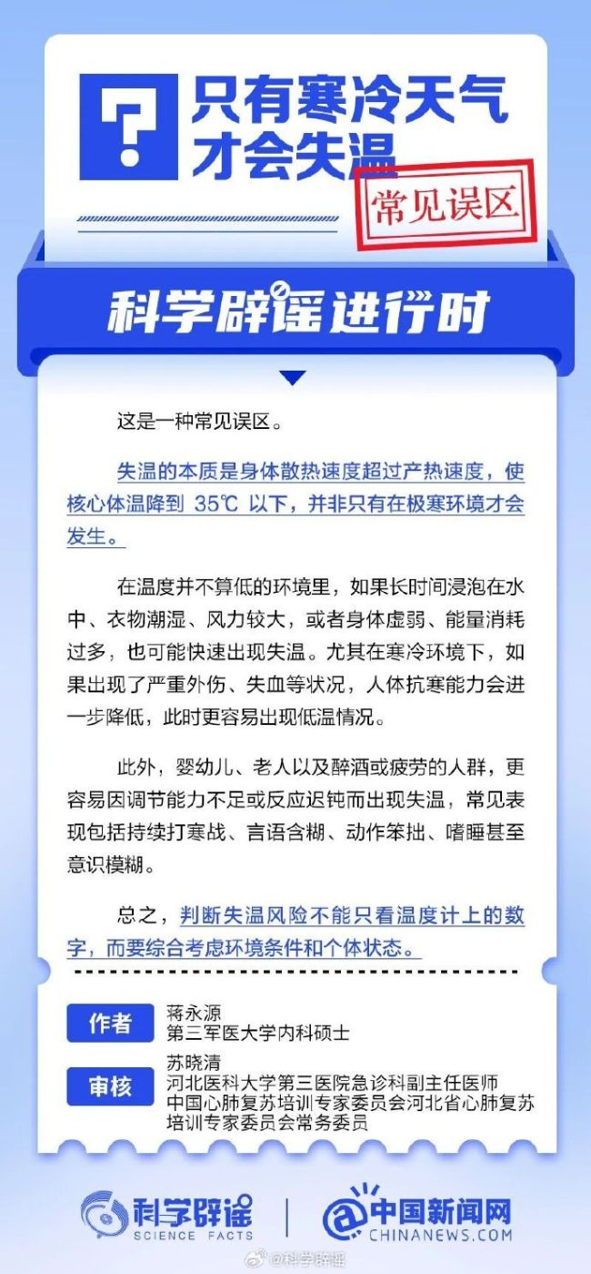 只有寒冷天气才会失温？不实
