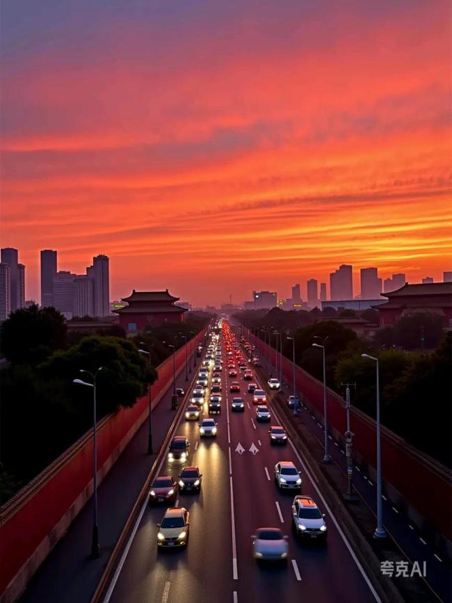 北京晚霞光影交融如梦如幻 城市天际线成流动油画