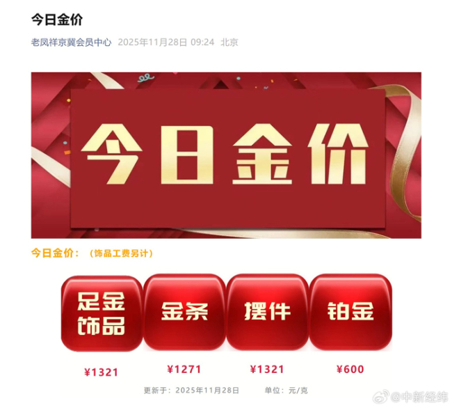 金飾克價(jià)漲到1328元 一夜之間漲幅明顯