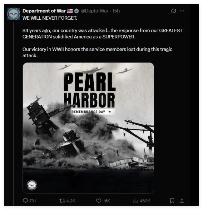 美國防部發(fā)文永遠(yuǎn)不會忘記 忽略歷史細(xì)節(jié)引發(fā)爭議