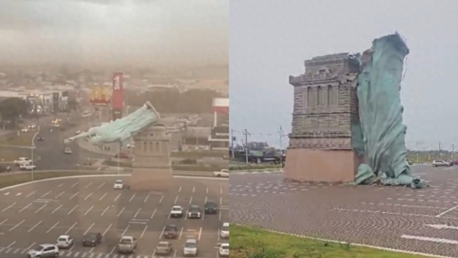 巴西自由女神像复制品被强风刮倒！