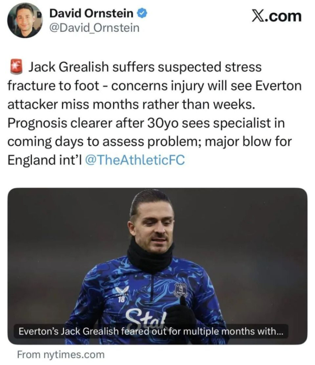 曼城弃将遭重创！足部骨折伤停数月 世界杯梦想提前破灭 格拉利什或无缘国家队