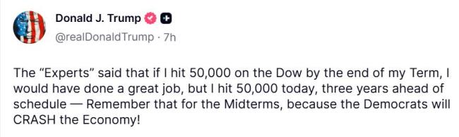 特朗普称道指将站上10万点 关税政策助力股市新高