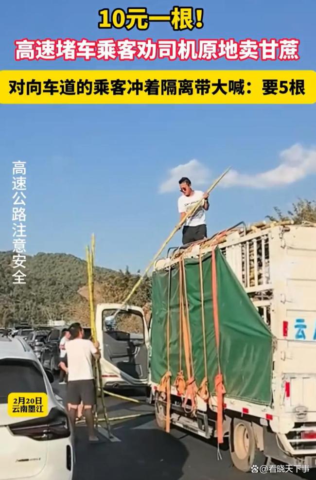 高速堵车 乘客劝司机就地卖甘蔗