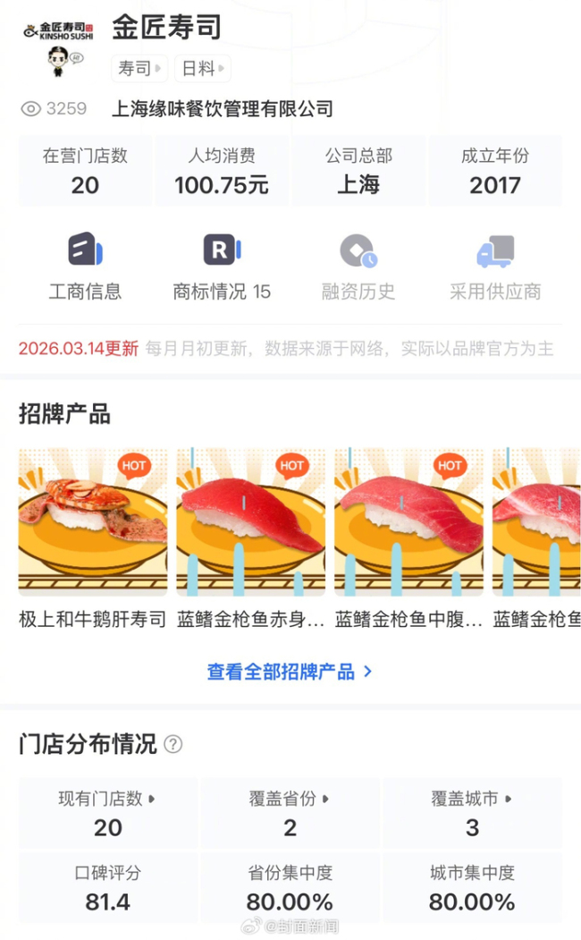 顾客称在金匠寿司就餐后呕吐不止 涉事门店已停业