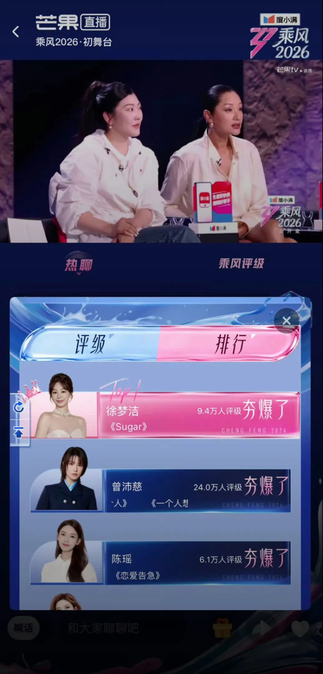 《乘风2026》初舞台排名：阚清子第一 姐姐们高能对决引发热议
