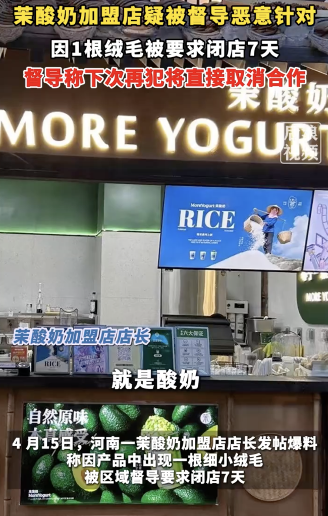 茉酸奶加盟店因1根绒毛被闭店7天！