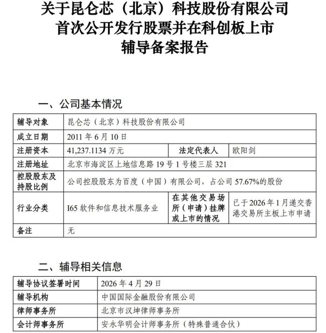 百度旗下AI芯片公司昆仑芯计划在沪港两地上市