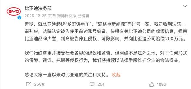 自媒体博主被判赔比亚迪200万 恶意诋毁终食恶果