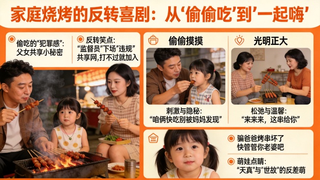媽媽發(fā)現(xiàn)爸爸帶娃偷吃燒烤后加入