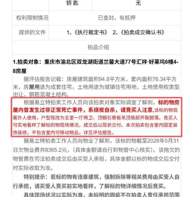 重慶一兇宅39萬(wàn)余元將被法拍 曾發(fā)生燒炭自殺事件