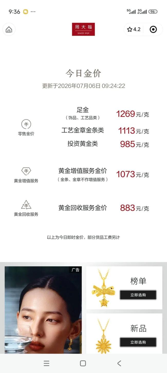 品牌金饰纷纷站上1260元/克 金价反弹带动