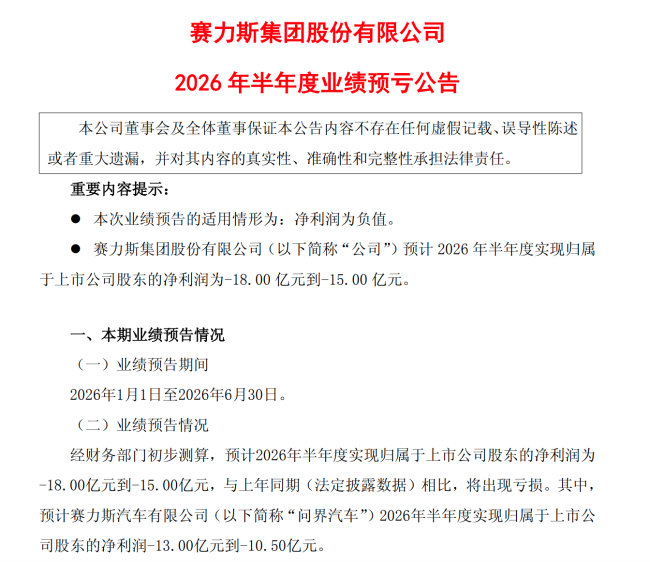 由盈转亏 赛力斯上半年预亏超15亿