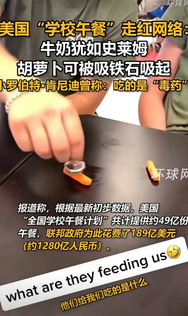 美国校园午餐胡萝卜可被吸铁石吸起