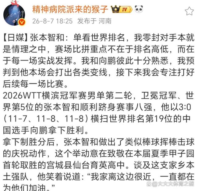 张本智和：零封向鹏不意外 主场优势显实力