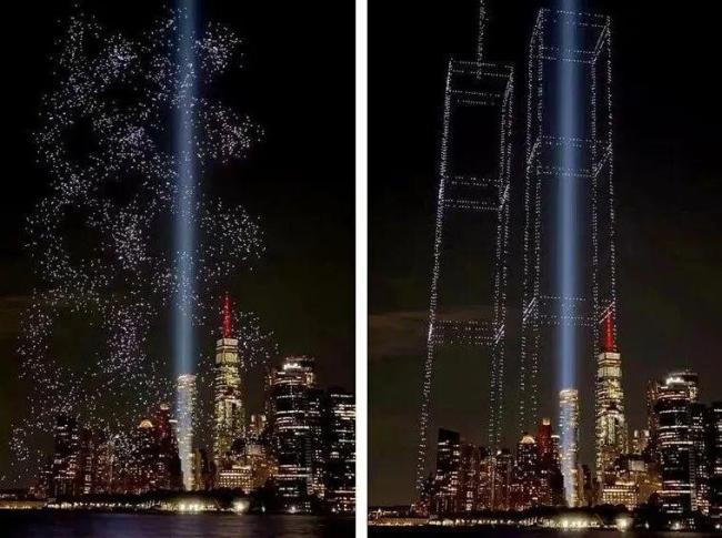 纽约夜空2977架无人机重现世贸双子塔 光影缅怀逝者