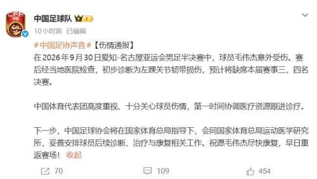 足协发布毛伟杰伤情通报