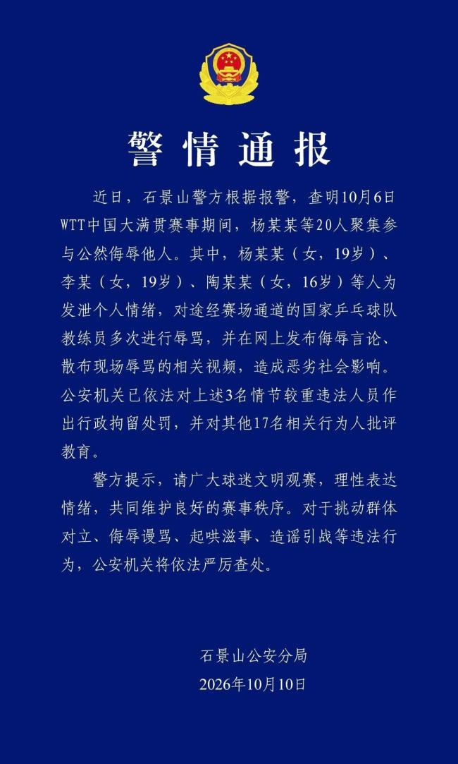 警方通报国乒教练员遭辱骂：3人被行拘
