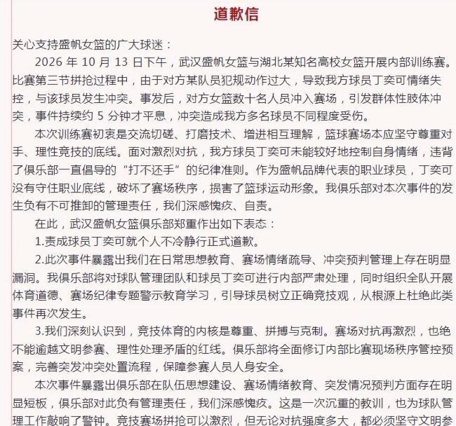 盛帆女篮 10万打不还手奖 沉默的另一方引发争议